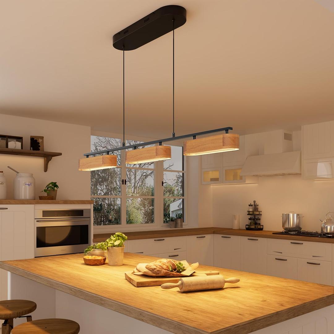 37.6" Linear Kitchen Island Lighting, 28W Wood Farmhouse Chandelier Dining Room Light Fixture, 3-Light Rustic Dimmable Pendant Lights for Kitchen Island Over Table, 37.6 in - Large Plate