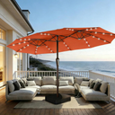 15FT Patio Umbrella with Solar Lights, Double-Sided Extra Large Outdoor Table Umbrella with Base Included, Heavy-Duty 12 Iron Ribs Market Umbrella for Garden, Pool, Backyard,Terracotta
