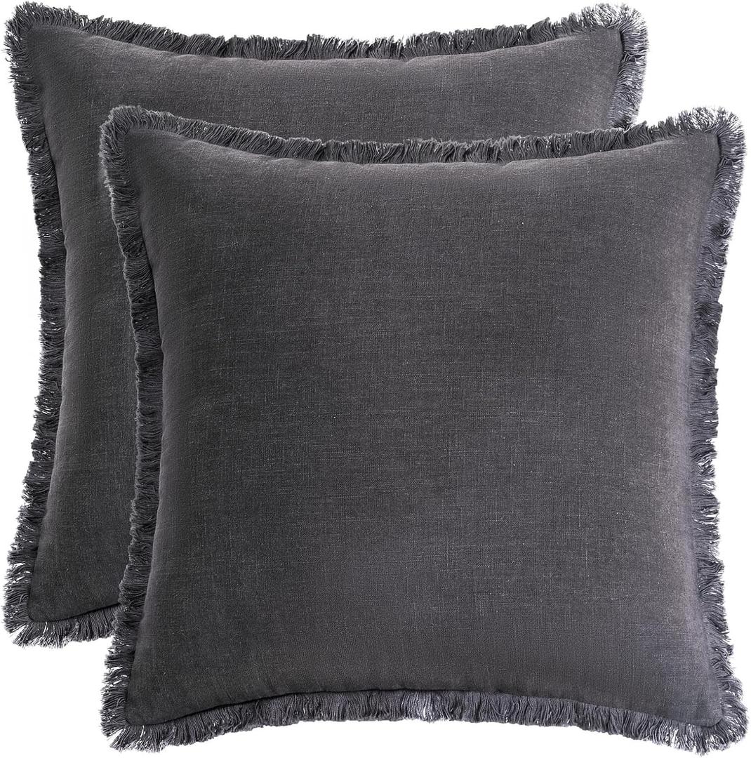 AmHoo Pack of 2 Linen Pillow Covers with Tassels Fringed Decorative Rustic Natural Throw Pillowcase Cushion for Couch Sofa Bedroom 18 x 18-Inch Dark Grey