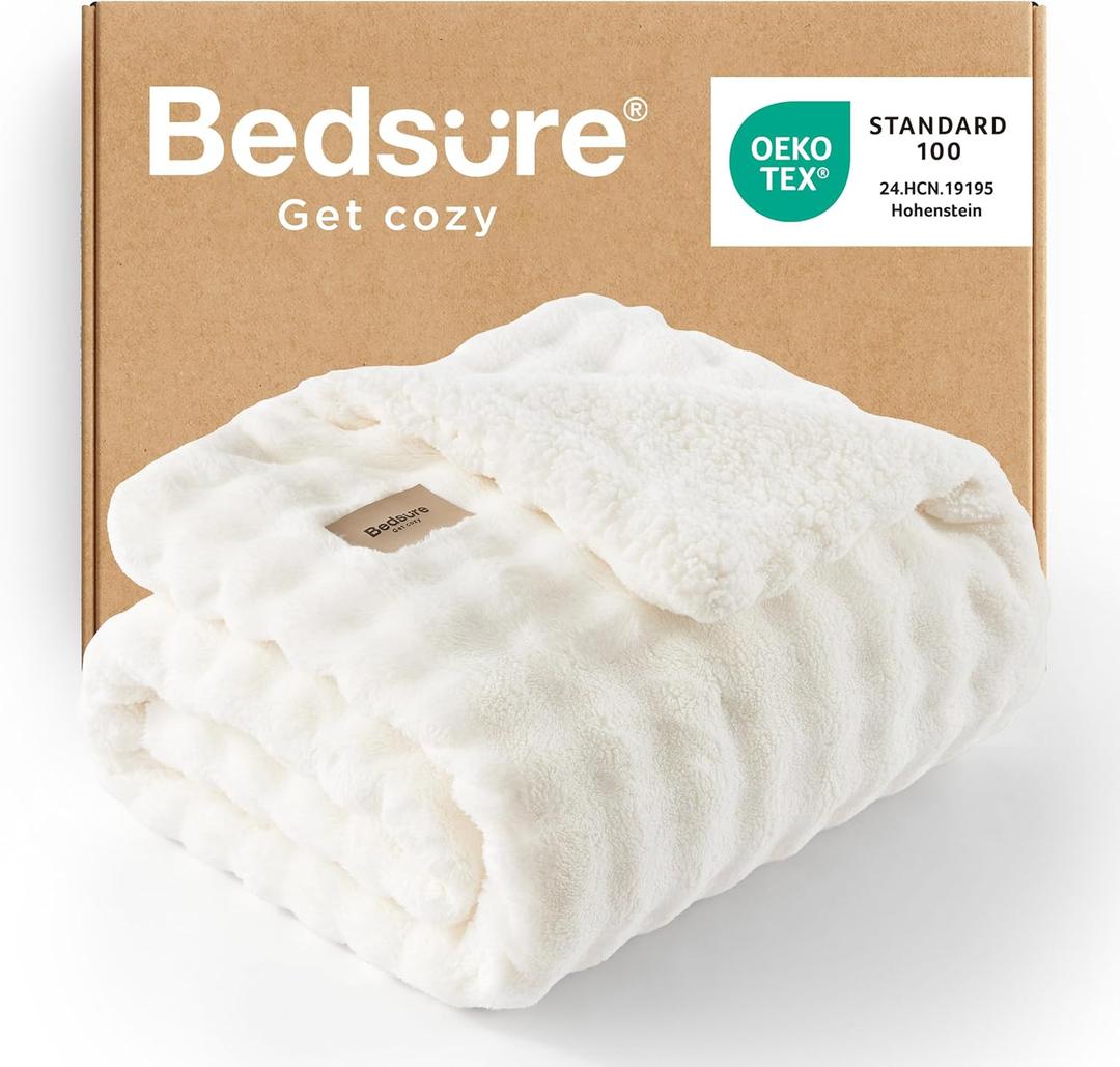 Bedsure Bubble Sherpa Blanket Twin Size for Bed - Fuzzy Fleece Thick Warm Christmas Blanket for Winter, GentleSoft Cozy Plush Throw Gift for Women, Room Decor, Ivory, 60x80 Inches