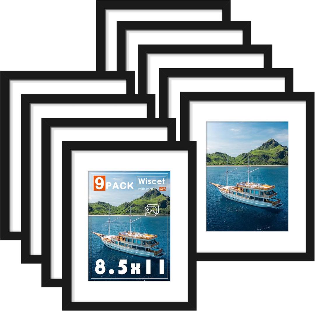 Wiscet 8.5x11 Picture Frame Set of 9, Display Pictures 6x8 with Mat or 8.5x11 Without Mat, Photo Frame for Wall Mounting or Tabletop Display, Black