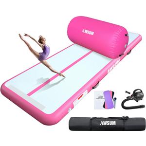 AWSUM Inflatable Air Gymnastics Mat 10ft/13ft/16ft/20ft/23ft Training mat 4/8 inches Thick tumbling mat with Electric Pump for Home/Gym/Outdoor (Pink+air roller)