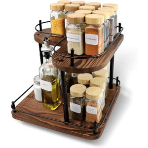 2 Tier Wooden Spice Rack Organizer, 360 Rotating Lazy Susan, 11.8 Inch Large Capacity Countertop Spice Shelf, Adjustable Height, Pine Wood, for Kitchen Bathroom Cosmetic Storage gift set