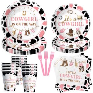 Funnymoom 452 Pcs Cowgirl Baby Shower Party Decorations Include a Little Cowgirl Is on the Way Paper Plates Napkins Cups Tablecloth Cutlery Straws for Baby Shower Party Supplies