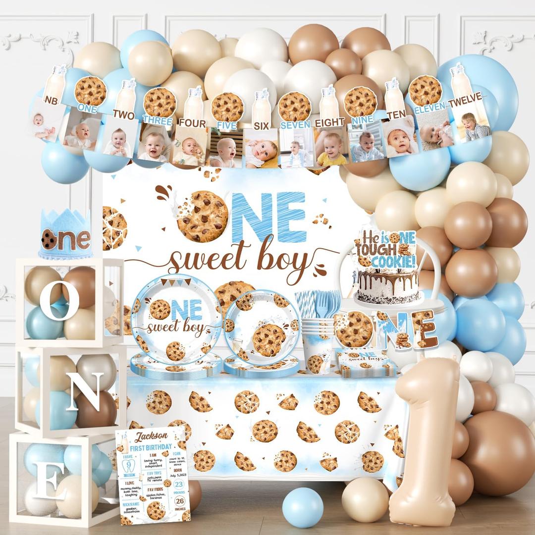 305Pcs Milk and Cookies First Birthday Decorations for Boy Serves 25, one sweet boy birthday decor include Backdrop Balloon Banner Cake Topper Crown Boxes Poster Plates Cups for One Year Old Boy