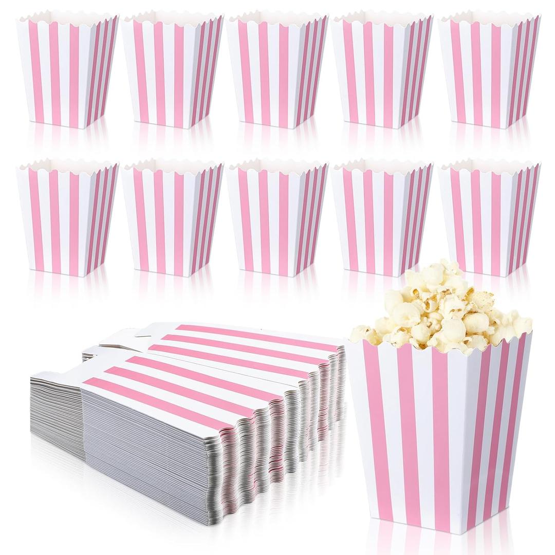 Geyoga 48 Pcs Pastel Pink Popcorn Boxes Small Large Pink and White Striped Paper Popcorn Bags Candy Containers for Birthday Party Favor Supplies(4 x 3 Inches, Small)
