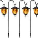 Dynaming 4 Pack Solar Flame Hanging Lights Outdoor, Halloween Solar Flickering Flame LED Garden Lanterns with 4 x 38 Inch Shepherd Hooks, Christmas Lighting for Lawn Patio Yard Pathway Driveway (Warm White)