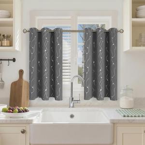 BGment Short Blackout Curtains 40 Inches Length for Small Window, Grommet Thermal Insulated Window Drapes with Wave Line and Dots Printed for Kitchen Bedroom, 2 Panels, Each 42 x 40 Inch, Dark Grey