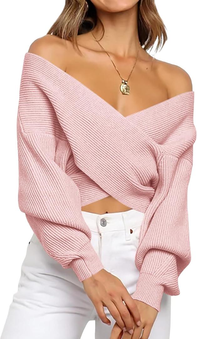 BTFBM Off The Shoulder Sweater for Women Winter Fall Fashion 2026 V Neck Long Sleeve Ribbed Knit Wrap Cropped Sweaters (Medium, Pink)