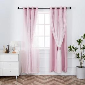 INLINAS Pale Pink Blackout Curtains with Sheer Overlay - Grommet Top Thermal and Noise Reduction Panels for Bedroom and Living Room Light Blocking and Energy Saving, 52 x 108 Inches, Set of 2