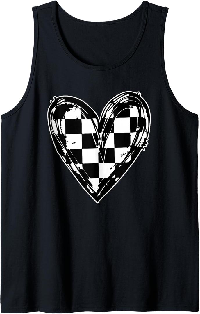 Race Car Checker Flag Racing Heart Auto Racer Tank Top (Black, M)