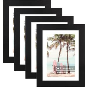 Hongkee 5x7 Picture Frame (4 Pack, Black) Made of Real Glass and Wooden Frame - Display Pictures 4x6 with Mat or 5x7 Without Mat, 5 by 7 Photo Frames TableTop Display and Wall Mounting