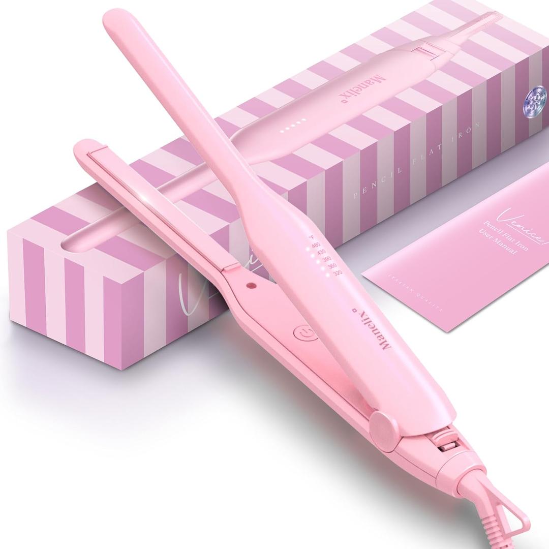 Manelix 0.3 Inch Super Slim Mini Flat Iron for Short Hair, Hair Straightener and Curler 2 in 1, Dual Voltage PTC and Ceramic Small Flat Iron