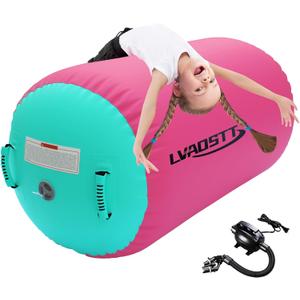 Gymnastics Air Barrel Roller Air Spot, Inflatable Tumbling Mat Tumble Track Gymnastic Equipment Balance Cylinder with Pump for Yoga Cheerleading Home Use Gym (39.37inch*23.6inch, Pink+Green)