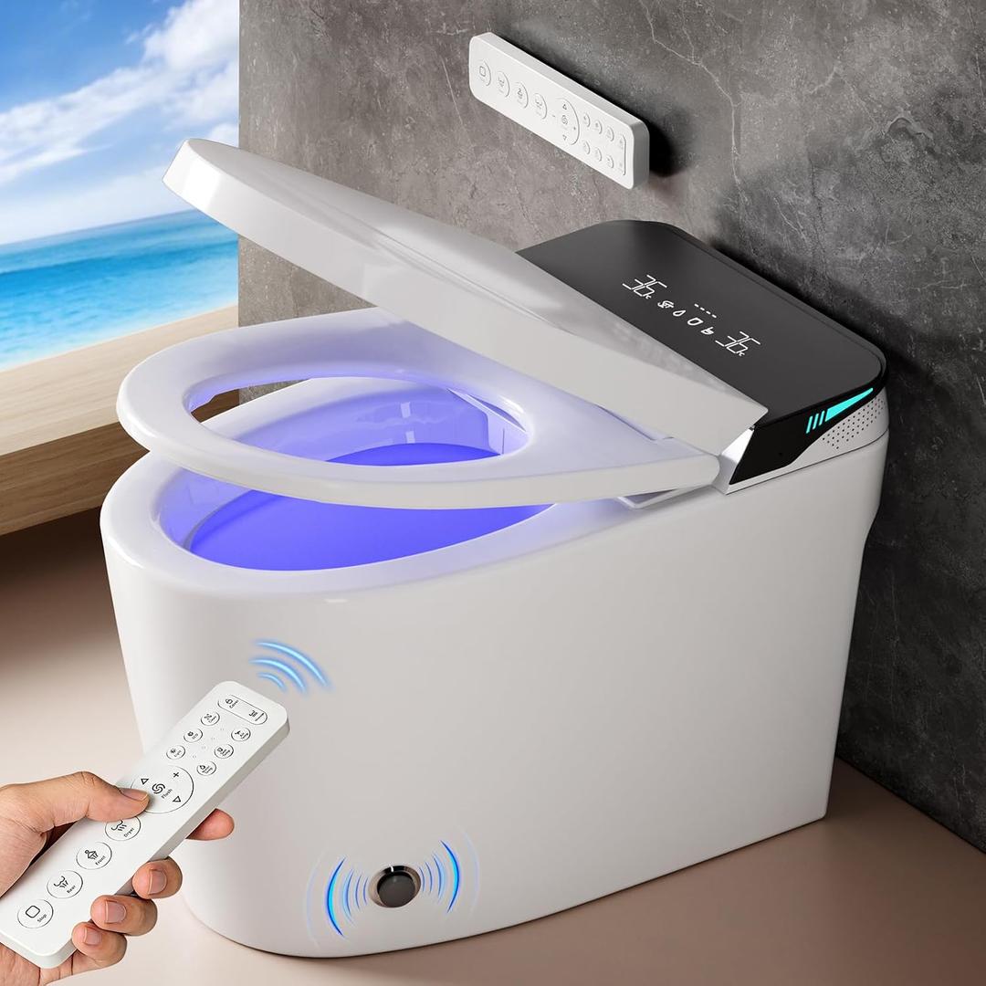 Smart Bidet Toilet, One Piece Elongated Heated Toilet with Auto Open Close,Auto Flush,Foot Sensor,Warm Water Wash,Air Dryer,Self-Cleaning Nozzle,ADA Compliant Height, Tankless Modern Bathroom Toilet