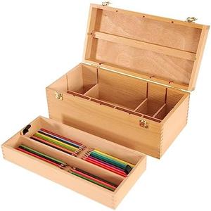VISWIN 16"x8"x6" Large Art Storage Box, Double-Layered Solid Beech Wooden Tool Box for Art Supplies, Wooden Tool Box for Paint Brush, Pen, Pastel, Paining Supplies