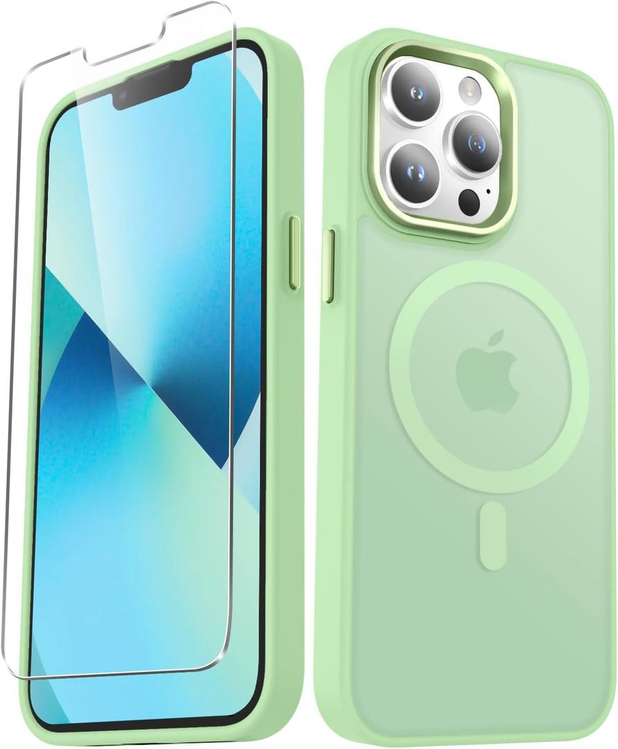 for iPhone 13 Pro Max Case, Matte Magnetic Phone Case with 1 Screen Protector, Support for Magsafe, Translucent Frosted Slim Shockproof Protective Cover for iPhone 13 Pro Max 6.7 inch, Mint Green
