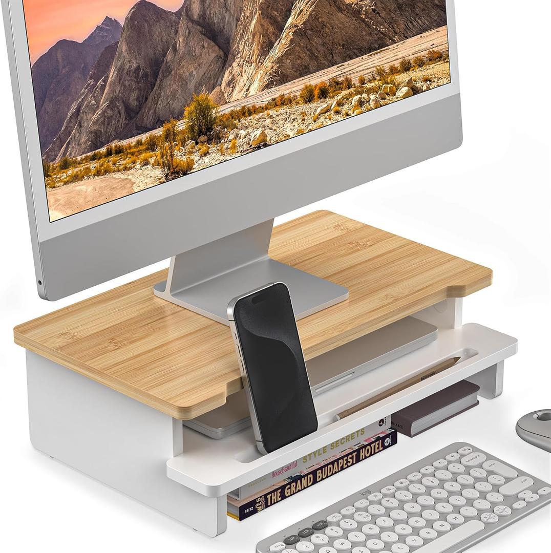 Computer Monitor Stand Riser, 16.5 Inch Wood Desk Shelf Storage Organizer with Phone Tablet Holder, White & Natural Bamboo