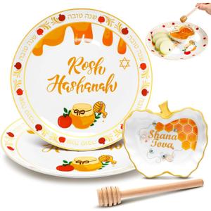 3 Pcs Rosh Hashanah Ceramic Honey Dish Set Decorations Shana Tova Ceramic Apple and Honey Plate with Dish Wooden Dipper Jewish New Year Hostess Party Favors Kitchen Accessories Table Decorations
