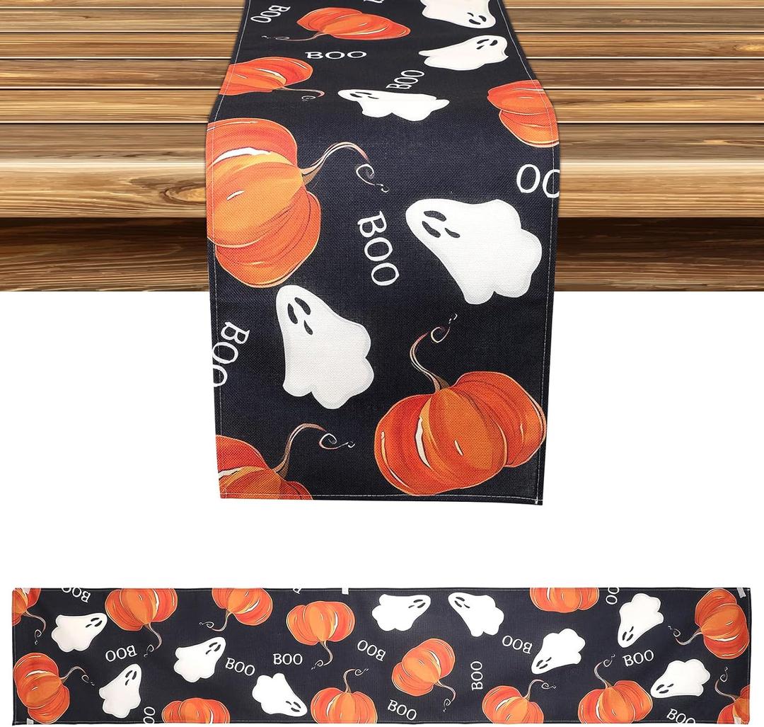 Halloween Table Runner, 72.44x13in Halloween Table Decorations Polyester Pumpkin Boo Ghost Runner Seasonal Fall Spooky Table Decorations for Outdoor Indoor Halloween Party Supplies