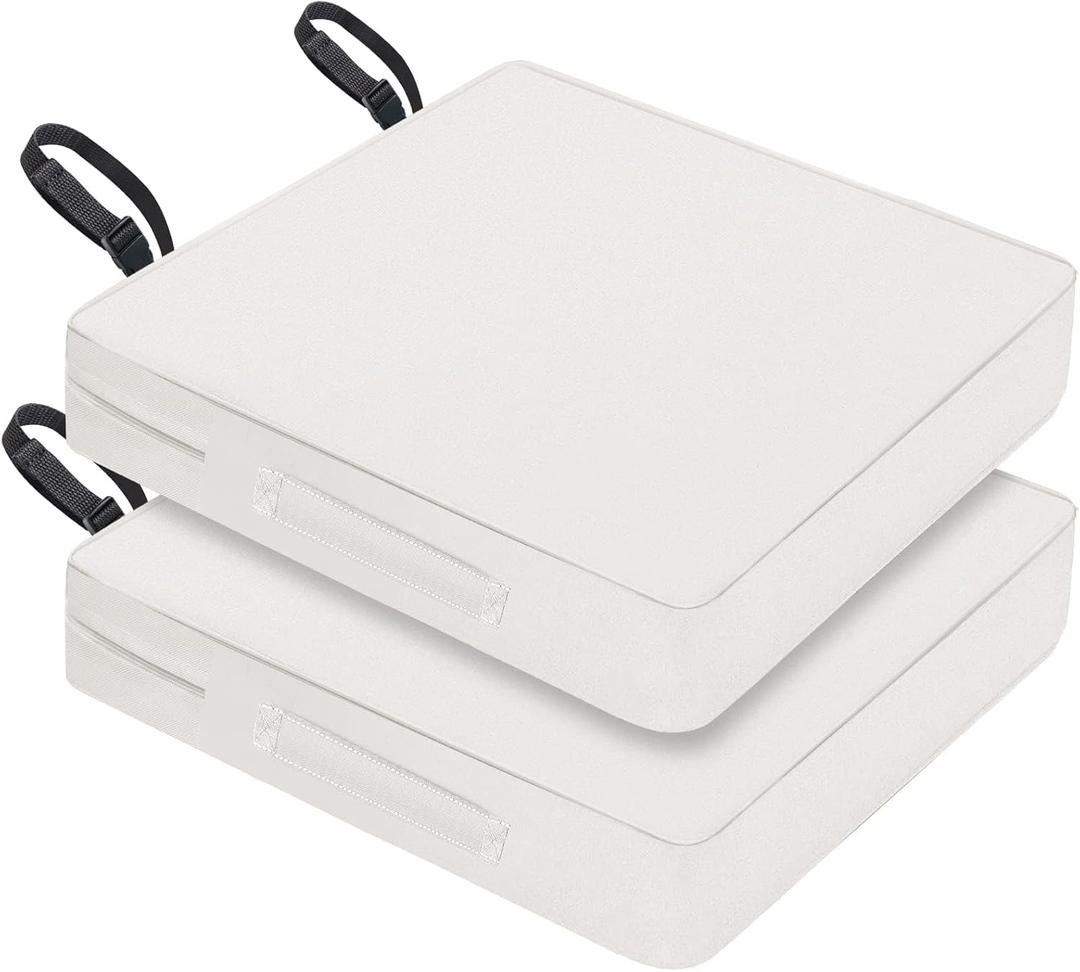 Waterproof Outdoor Seat Cushions 20x20x3 Inch, Patio Chair Cushions with Adjustable Straps & Handle, Fade-Resistant, Machine Washable, 2-Pack Light Grey (Cream)