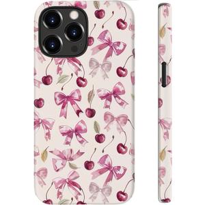 for iPhone 16 Pro Case Cute - Wireless Charging Compatible - Dual-Layer Hard Shell + Silicone Cover - Aesthetic Protective Trendy Phone Case for Women - Coquette Cherry & Bows Ribbons