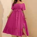 RWJ Women's Plus Size Dress for Cocktail Wedding Guest Formal V Neck Off The Shoulder Maxi Dress with Belt (Pink, XXXL)