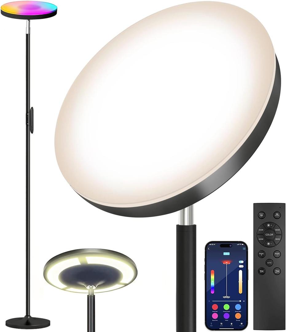 Keepsmile Double Side Lighting Led Floor Lamp with Remote Smart App 36W/2600LM Bright Tall Standing RGB Floor Lamp Angle Multicolor Dimmable Modern Floor Lamps for Livingroom Bedroom Office (Black)