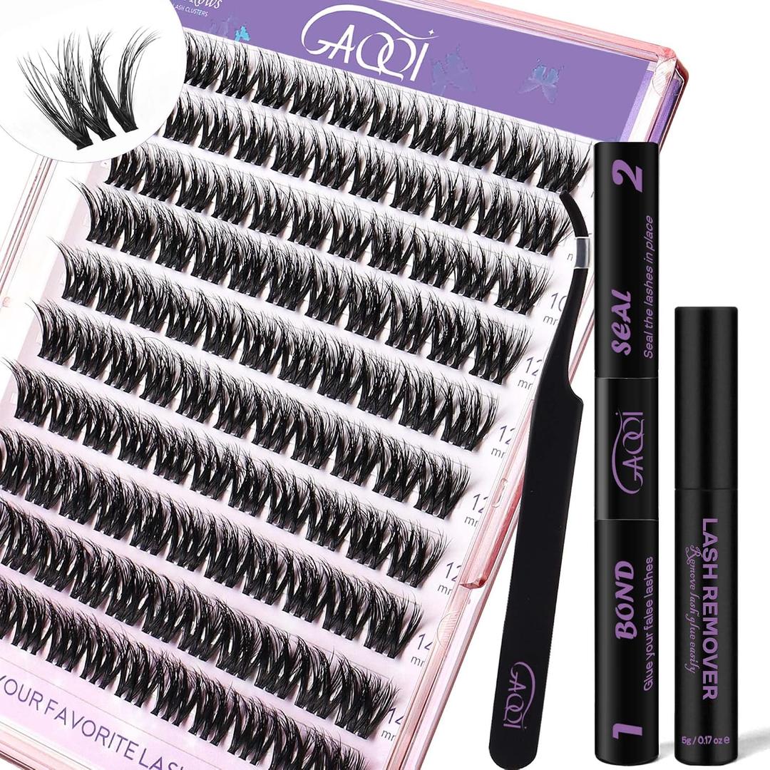 GAQQI Lash Clusters Kit, DIY Lash Extensions Kit 10-14mm Cluster Lashes, Wispy Eyelash Clusters with Lash Bond and Seal+Lash Tweezer+Remover+110pcs Thin Band Individual Lashes (3D-GQ08-KIT)