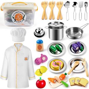 Juboury Pretend Play Kitchen Set - Toy Kitchen Accessories with Stainless Steel Cookware Pots and Pans, Plates, Cooking Utensils, Kids Chef Coat & Hat, Wooden Play Food for Kids, Girls, Boys, Toddlers