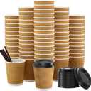 SIUQ 90 Pack - 8 oz Disposable Coffee Cups with Lids and Straws,To go Coffee Cups,Insulated Corrugated Paper Cups,Kraft Ripple Wall Cups for Hot Beverage or Cold Drinks -Champagne