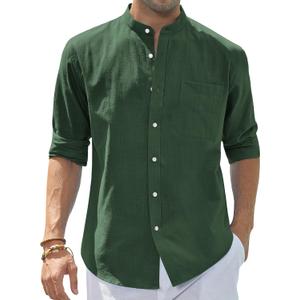 J.VER Men's Cotton Linen Long Sleeve Shirts Casual Button Down Banded Collar Shirt Beach Summer Tops with Pocket XL