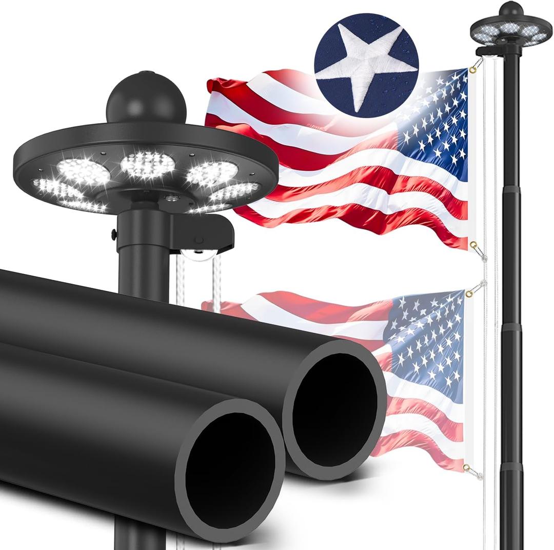 Upgraded 10 Gauge Heavy Duty Flag Pole Kit 25FT with 136 LED Solar Light, 120 MPH Extra Thick Flagpole for Outside House in Ground, Bottom 3 mm Thick & Width 3.35 in, 3x5 USA Flag