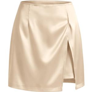 Cicy Bell Womens Satin Mini Skirt High Waist Side Slit Work Casual Skirts | Built-in Shorts, A-line, Silky Wrap Skort, Dressy Office Wear (Beige, L)