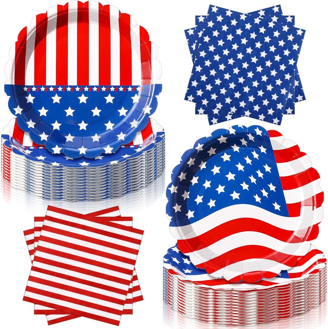 96 Pcs 4th of July Tableware Set for 48 Guests Include 48 Pcs 7 Inch Dessert Plates and 48 Napkins Patriotic American Star Flag Dinnerware for Memorial Day Independence Day Party Supplies
