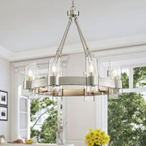 WUZUPS Wagon Wheel Chandelier 8-Light with Clear Glass Industrial Modern Farmhouse Round Light Fixture for Dining Room Kithen Island Foyer, Width 26" Height 22", Nickel