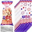Outus 100 Pcs Patriotic Labor Veterans Day Celllo Treat Bags Bulk 4th of July Goodie Blue Red USA Star Candy Cellophane Plastic Bag with 100 Silver Twist Tie for American Party Supplies Favor Gift