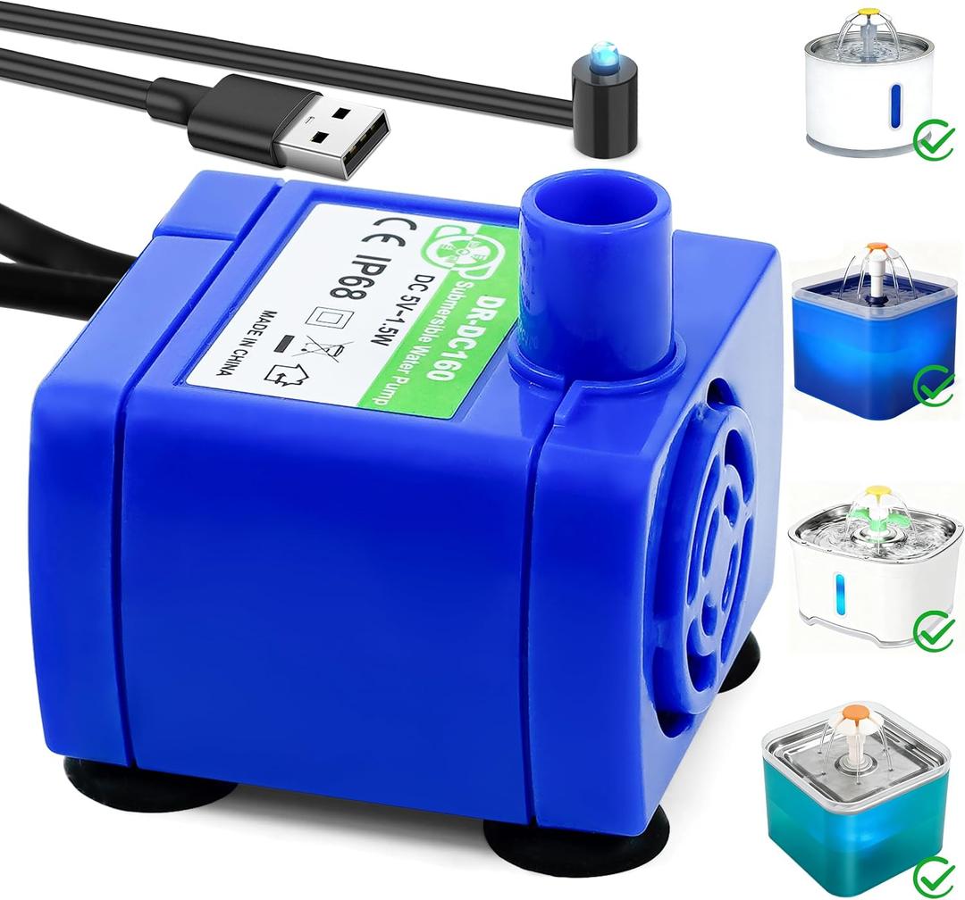 Cat Water Fountain Pump, Pet Water Fountain Pump Replacement Compatible Motor, DR-DC 160 Submersible Water Pump with LED Light for Round, Cubic, Flower Cap,Stainless Steel Cat Fountain