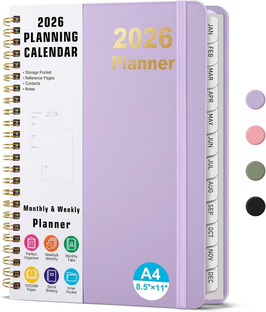 Timart 2026 Planner, Weekly and Monthly Planner, January 2026 - December 2026, Hardcover 2026 Calendar Planner Book with Tabs, Inner Pocket For Women, Perfect for Office School Home, A4(8.5" x11")-Purple