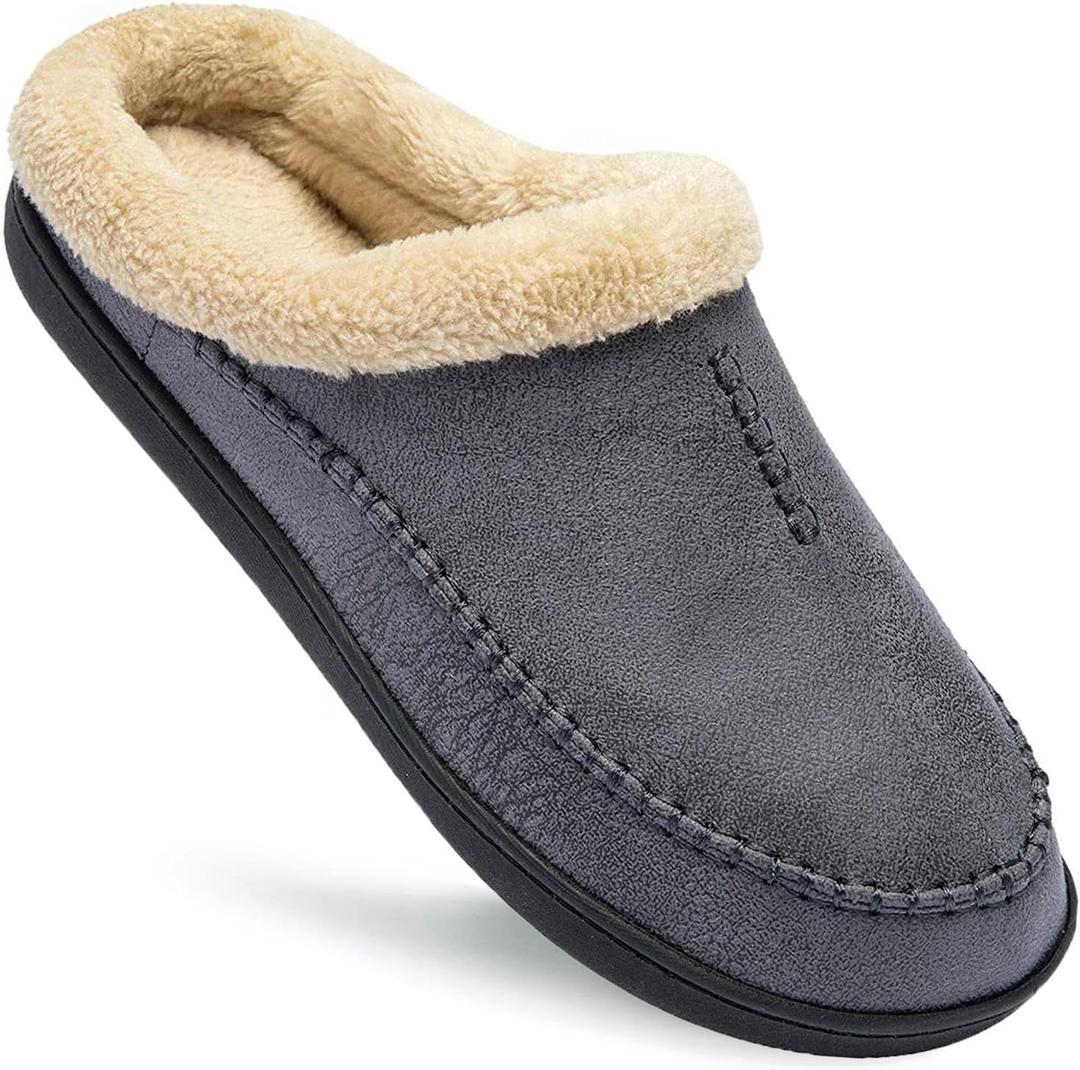 Ranberone Men's Slippers Microsuede Upper Moccasin House Shoes with Fuzzy Plush Lining Indoor and Outdoor (6-7, Grey)