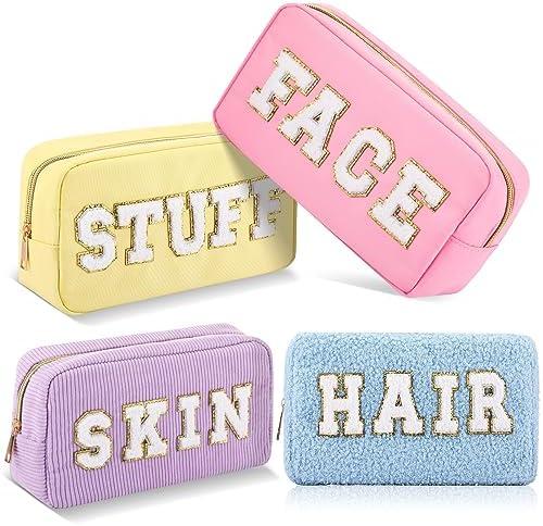 Kajaia 4 Pcs Preppy Makeup Bags Chenille Letter Bag Hair Face Skin Stuff Cosmetic Pouch Cases for Women Travel Toiletry Spend The Night(Multi Color,Exquisite)
