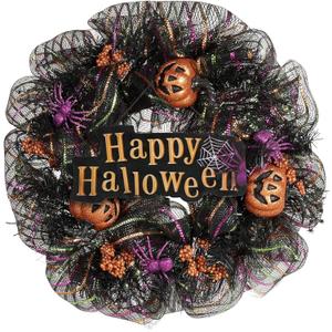 24 inch Wreath, Halloween Wreath for Front Door, Halloween Spider Decor Pumpkin Skull Wreaths, Wall, Window, Garden and Offices Decor. (Black)