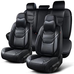 TIEHESYT Black Car Seat Covers Full Set, Breathable Leather Automotive Front and Rear Seat Covers with Headrest, Waterproof Auto Seat Protectors Fit for Most Sedans SUV Pick-up Truck
