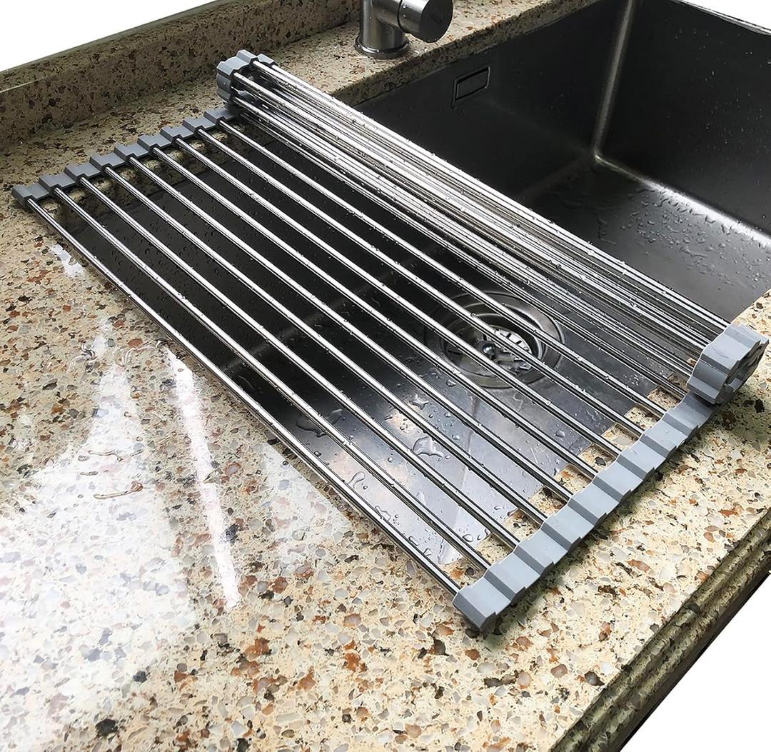 Tomorotec Roll Up Dish Drying Rack Over The Sink Grey Large Dish Drying Rack Rolling Foldable Collapsible SUS304 Stainless Steel Multipurpose Dish Drainer for Kitchen Counter (17.8x15.7)