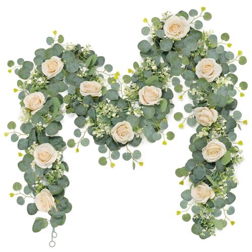 TOCHGREEN 2Pcs(13 Ft) Artificial Eucalyptus Flower Garland with Champagne Rose Flowers,Faux Rose Vine Gypsophila,Floral Greenery for Home Wedding Table Decor (Champagne, 2PCS)