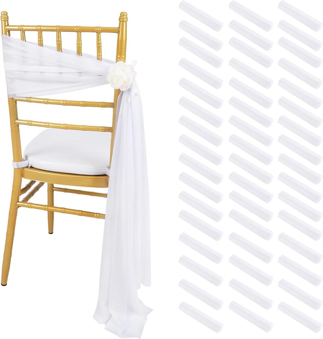 White Chair Sashes for Wedding: 48 Packs 8ft Long Sheer Fabric Chair Covers - Party Banquet Ceremony Chair Decorations