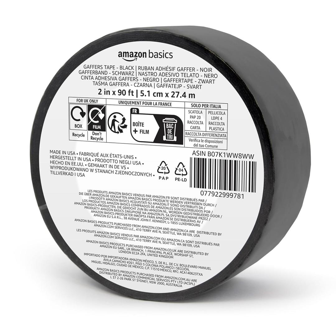Amazon Basics No Residue, Non-Reflective Gaffers Tape for Photography, 2 inch x 90 feet, Black