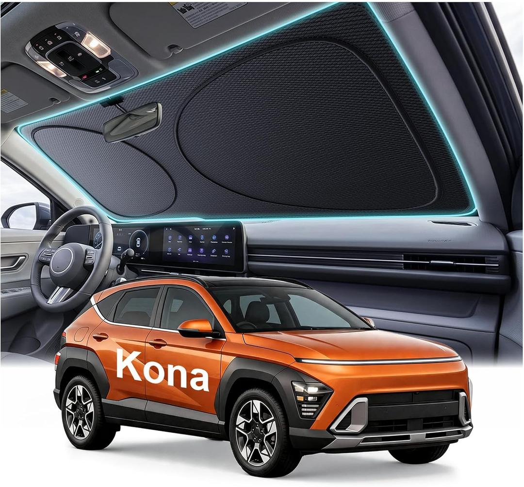 2026 Windshield Sun Shade for Hyundai Kona [100% Custom Fit & Cooling Tech Fabric] Superior UV & Heat Block, Foldable Sun Visor with Storage Bag Protects Interior, Fits 2018-2026