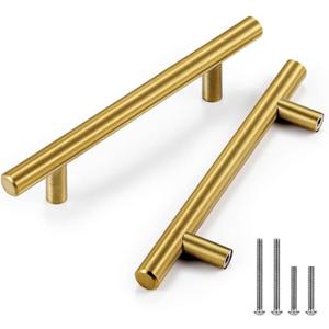 CZC HOME 10 Pack 6.4 Inch Cabinet Pulls Stainless Steel Drawer Handles, 4" Hole Center Drawer Pulls for Kitchen Dresser Cupboard with 2 Sizes Screws Brushed Brass