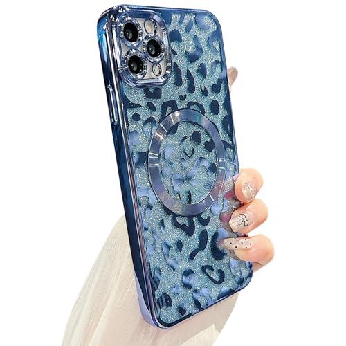 ZONRW for iPhone 11 Pro Case Magnetic,Soft Cute Luxury Leopard Cheetah Pattern Plating Glitter Bling Phone Case Compatible with MagSafe Clear Shockproof Back Cover for Women Girl 5.8"-Blue